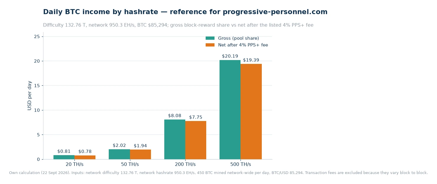 Bar chart comparing gross and post-fee daily dollar income for BTC hashrate of 20, 50, 200 and 500 terahashes per second